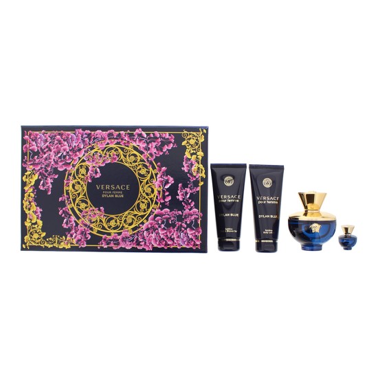 Versace Pour Femme Dylan Blue 4 Piece Gift Set: Eau de Parfum 100ml - Shower Gel 100ml - Body Lotion 100ml - Eau de Parfum 5ml